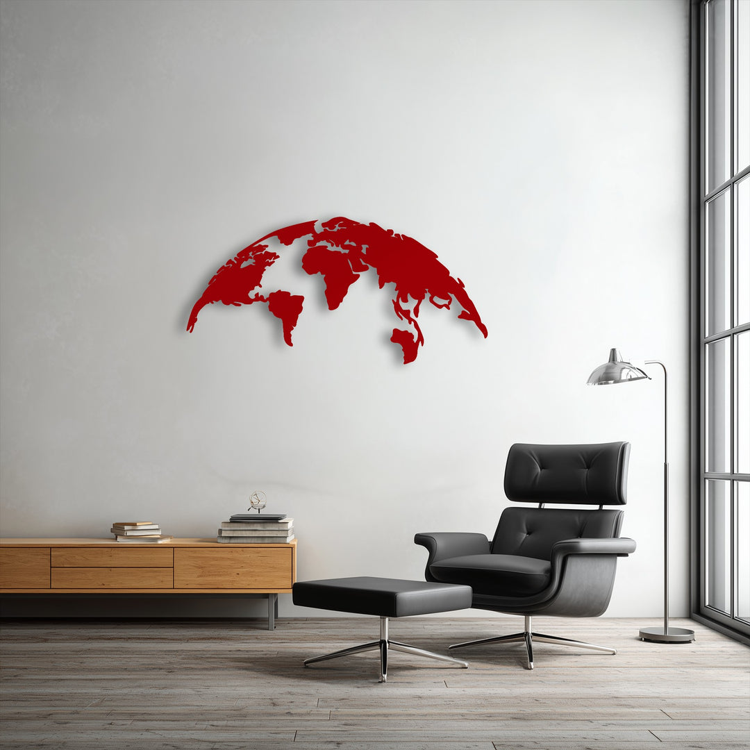 The focal point is a striking red World Map Metal Wall Art, featuring a modern global silhouette as elegant metal wall decor.
