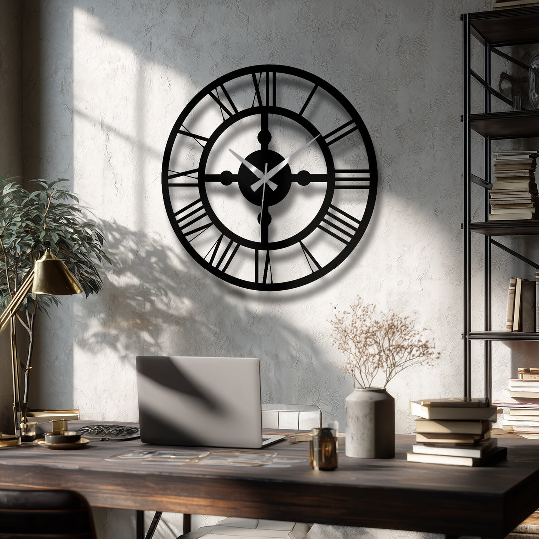 Geometric composition of the industrial Roman gear metal wall clock displays concentric circles and radial lines creating a striking decorative metal art statement.