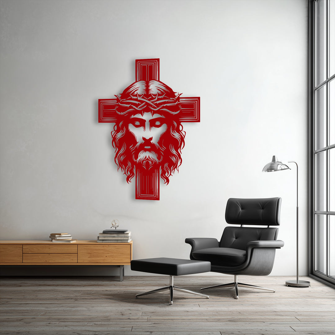 The organic forms of Christ's flowing hair and beard are beautifully rendered in this Sacred Cross metal artwork.