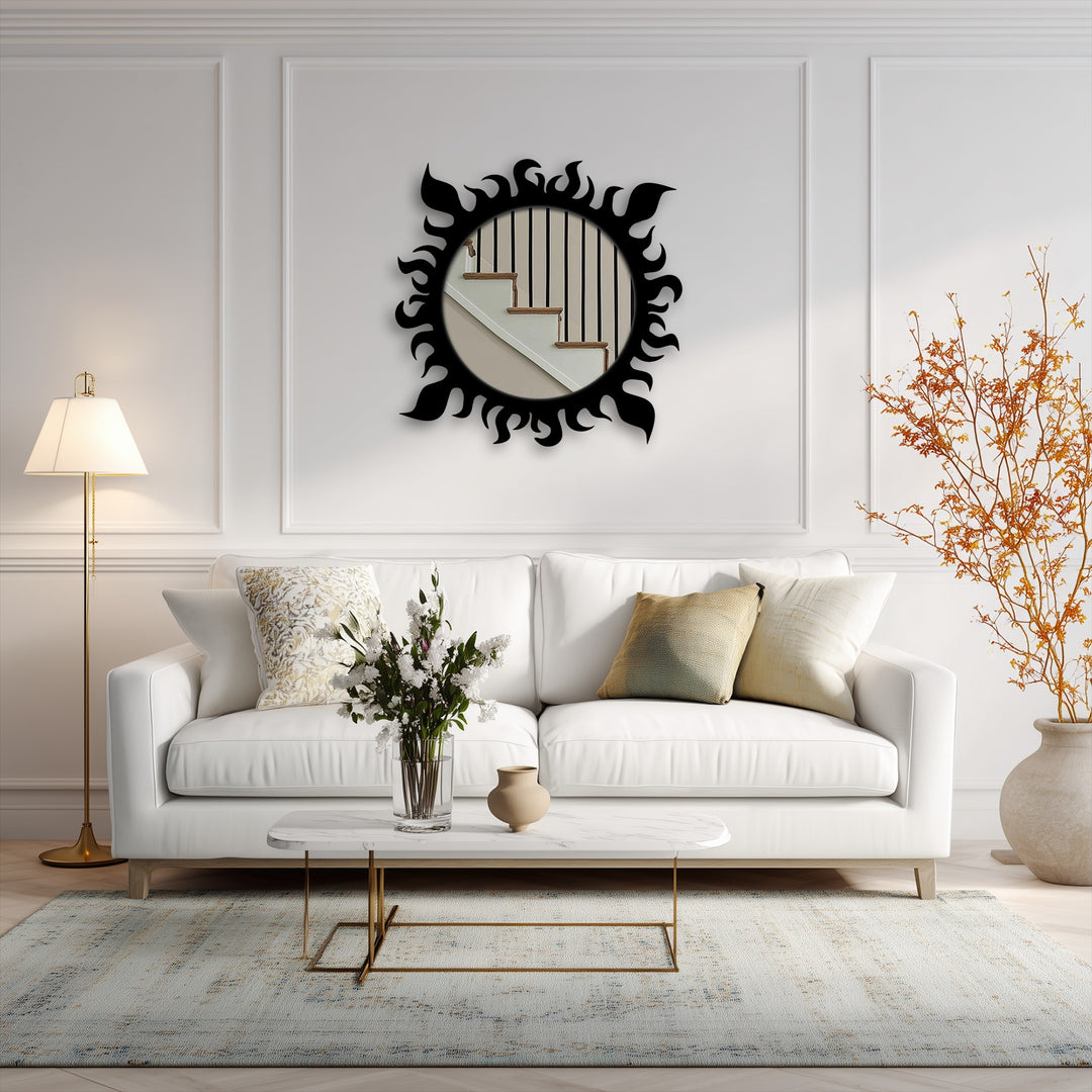 Solar Flame Round Decorative Wall Mirror – Modern Asymmetrical Mirror Wall Decor