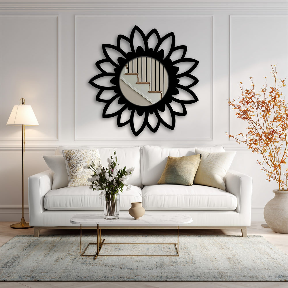 Stillness emanates from the bloom silhouette framed wall mirror, reflecting a tranquil scene in a living room setting.