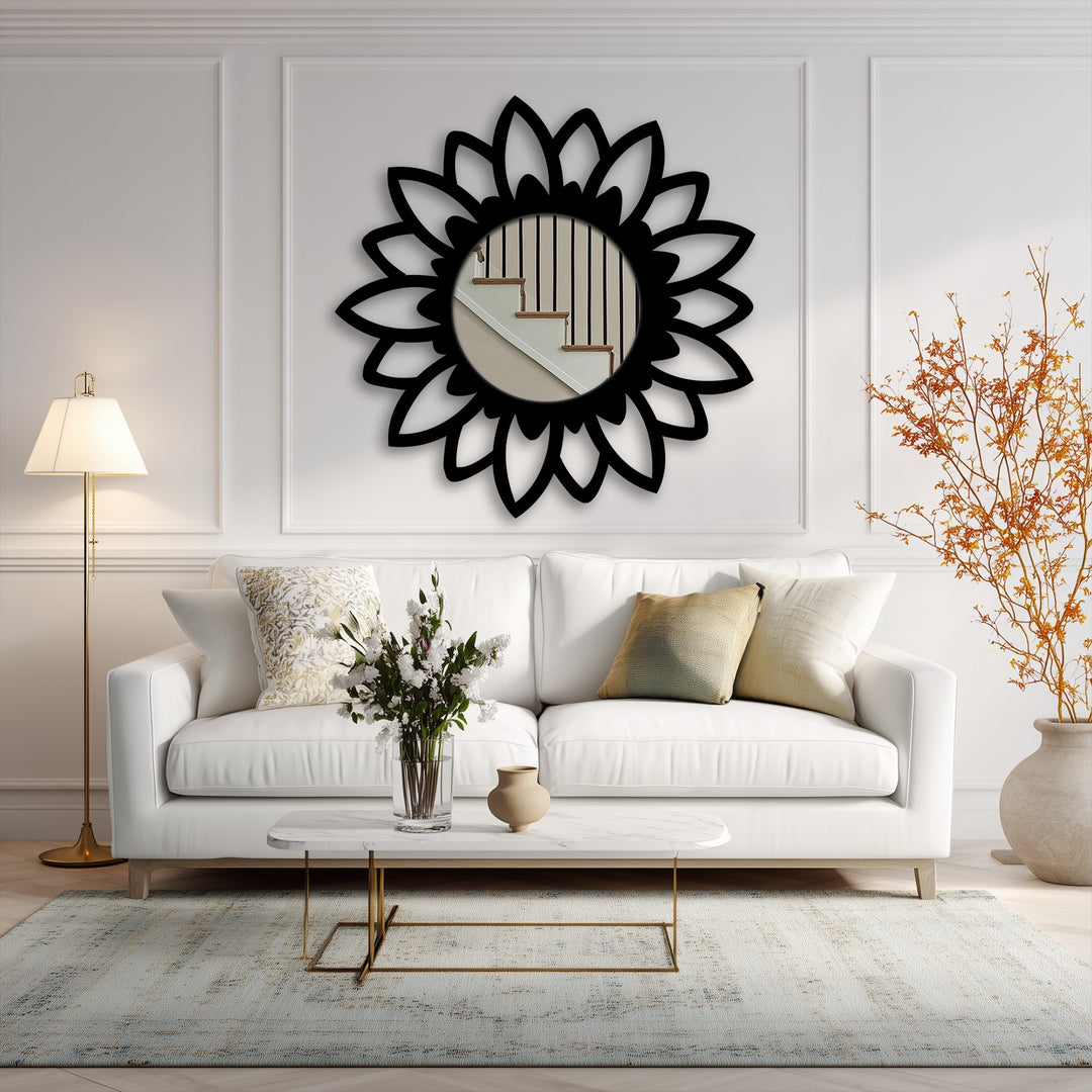 Stillness emanates from the bloom silhouette framed wall mirror, reflecting a tranquil scene in a living room setting.