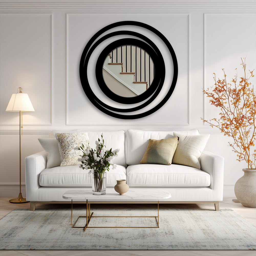 Black metal layers form the edge and borders of this Orbit Ring Floor Mirror, showcasing modern wall mirrors style with a unique, circular design.
