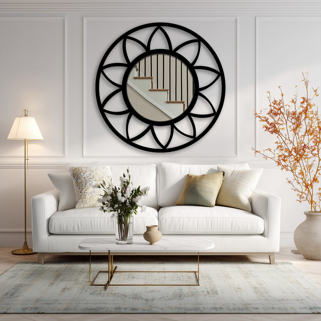Layering the room's reflection, this petal frame floor mirror uses a black floral line modern mirror to add depth and sophistication to the interior design.