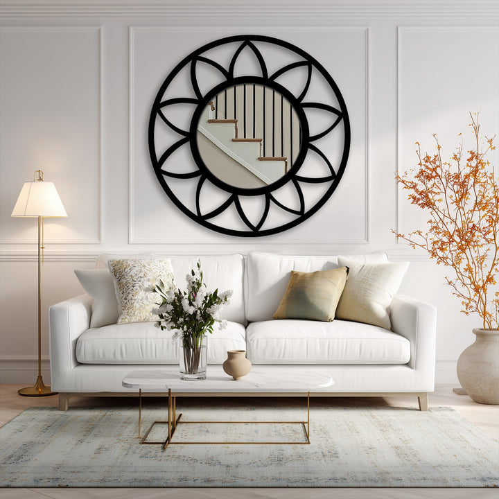 Layering the room's reflection, this petal frame floor mirror uses a black floral line modern mirror to add depth and sophistication to the interior design.