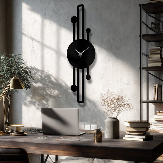 The stillness of the vertical minimalist metal wall clock, accented by geometric lines, emphasizes its unique metal wall art composition, a contemporary statement.