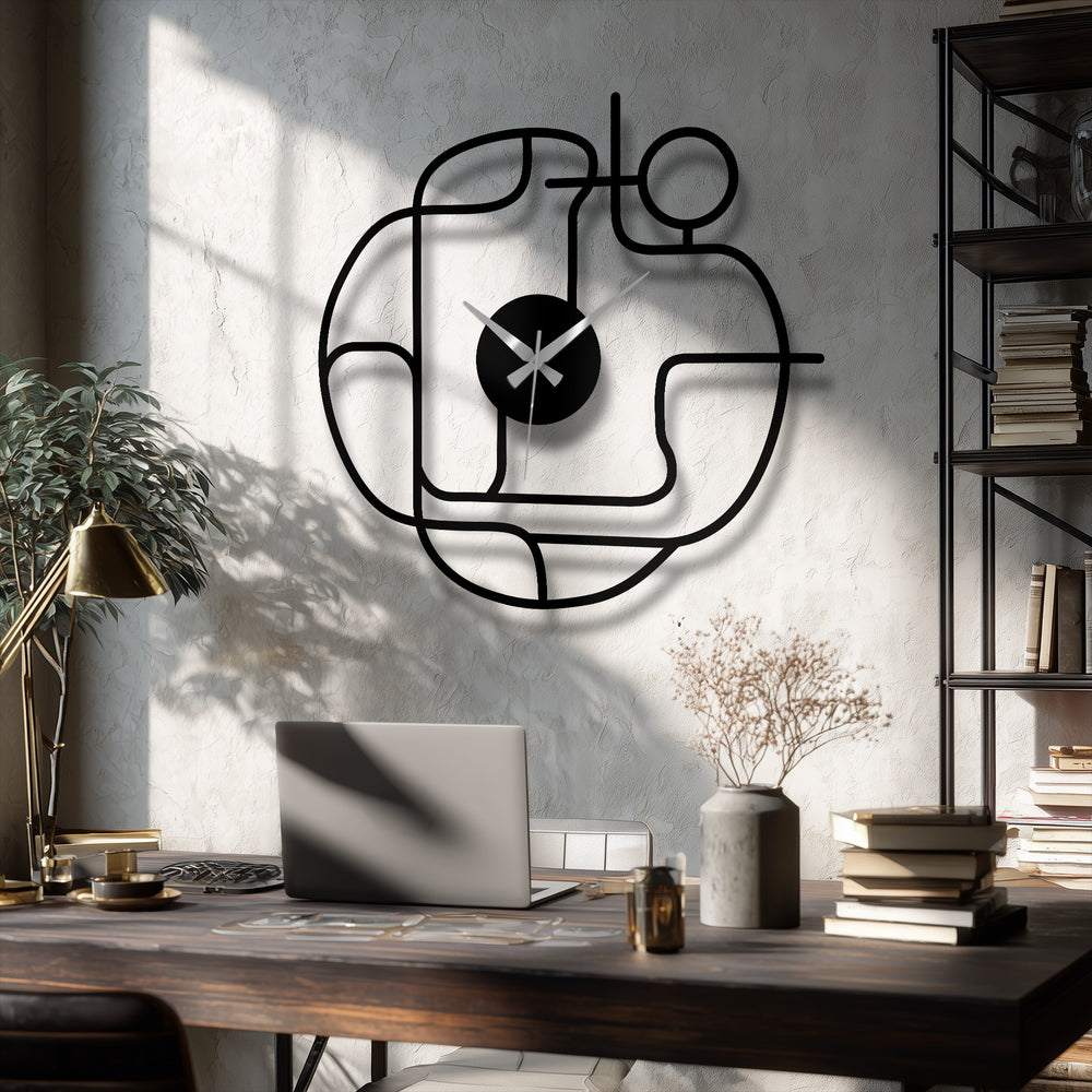 The focal point is the abstract continuous line design of the modern metal wall decor clock, adding a minimalist yet decorative touch to the room.