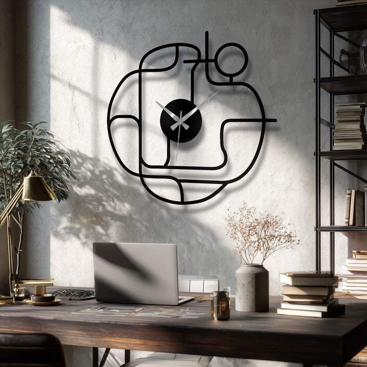 The focal point is the abstract continuous line design of the modern metal wall decor clock, adding a minimalist yet decorative touch to the room.
