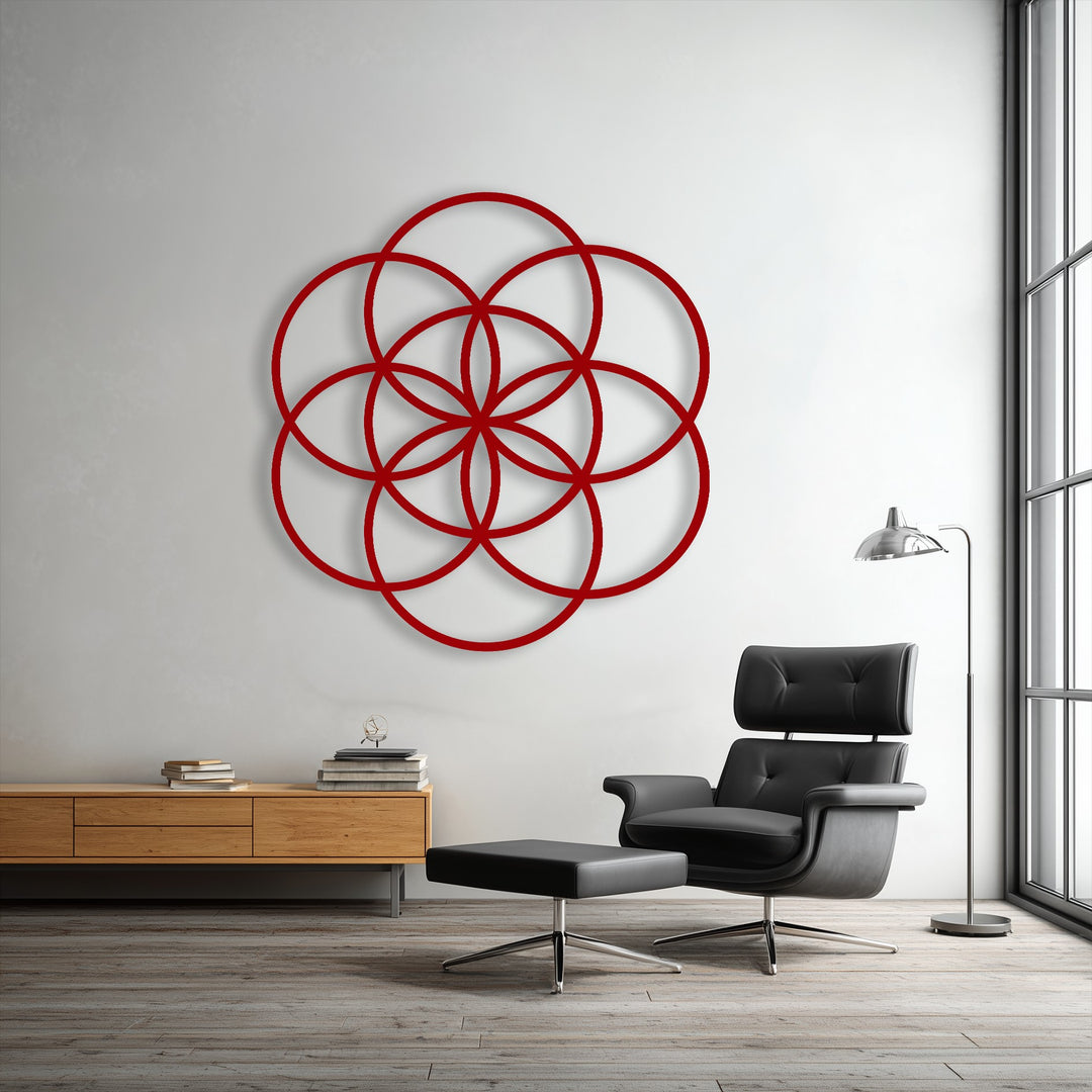 The smooth, durable metal wall decor showcases an elegantly crafted Flower of Life geometric design, reflecting superior material quality.