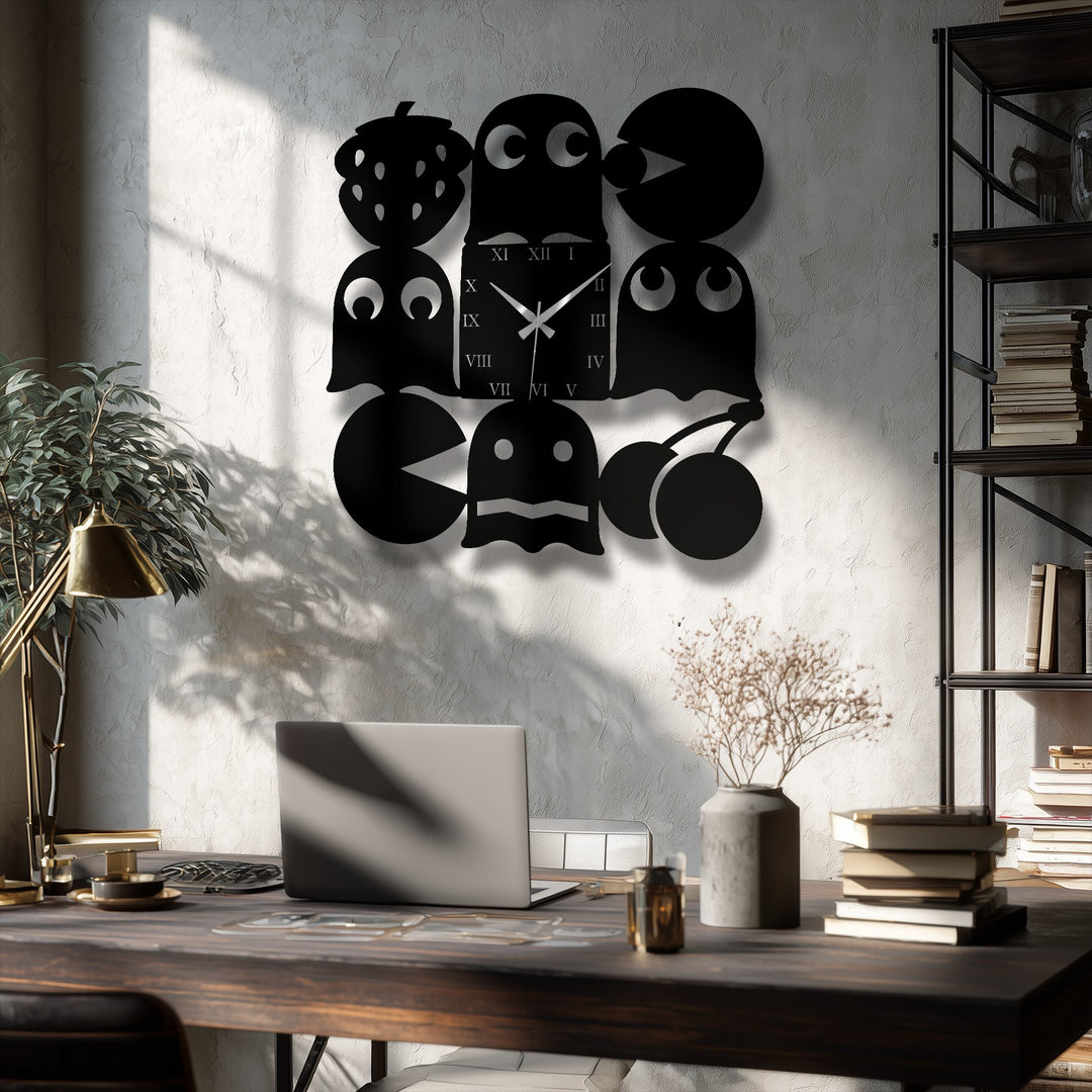 The striking color contrast highlights the black retro arcade decorative metal art wall clock against a bright, textured wall, creating dramatic shadows.