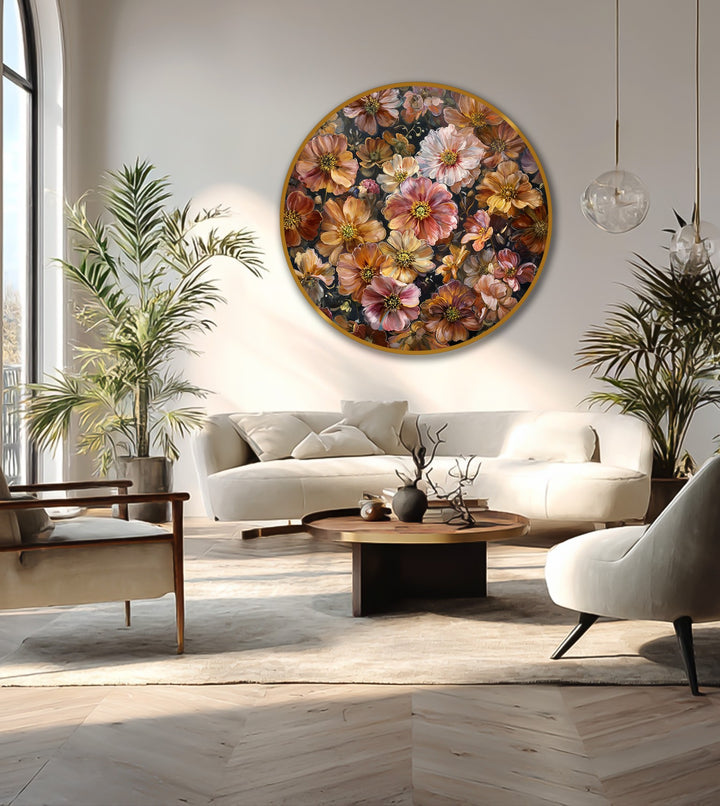 Horizontal and round, this vibrant Autumn Bloom Symphony floral oil painting home decor features rich amber and blush tones in a captivating design.