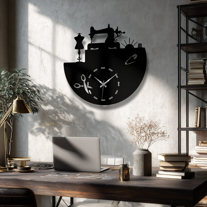 The striking color contrast highlights a black sewing atelier metal wall clock against a bright, textured wall, showcasing its unique metal art for wall design.