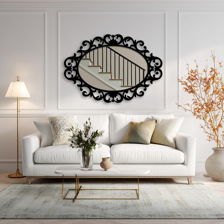 Visual rhythm created by the ornate scroll details framing this oval floor mirror, a striking bathroom mirror that adds a classic yet modern touch.