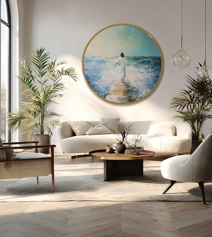 High color contrast defines this round oil painting home decor, where a figure in white walks along a bright path amid the turbulent, azure ocean waves.