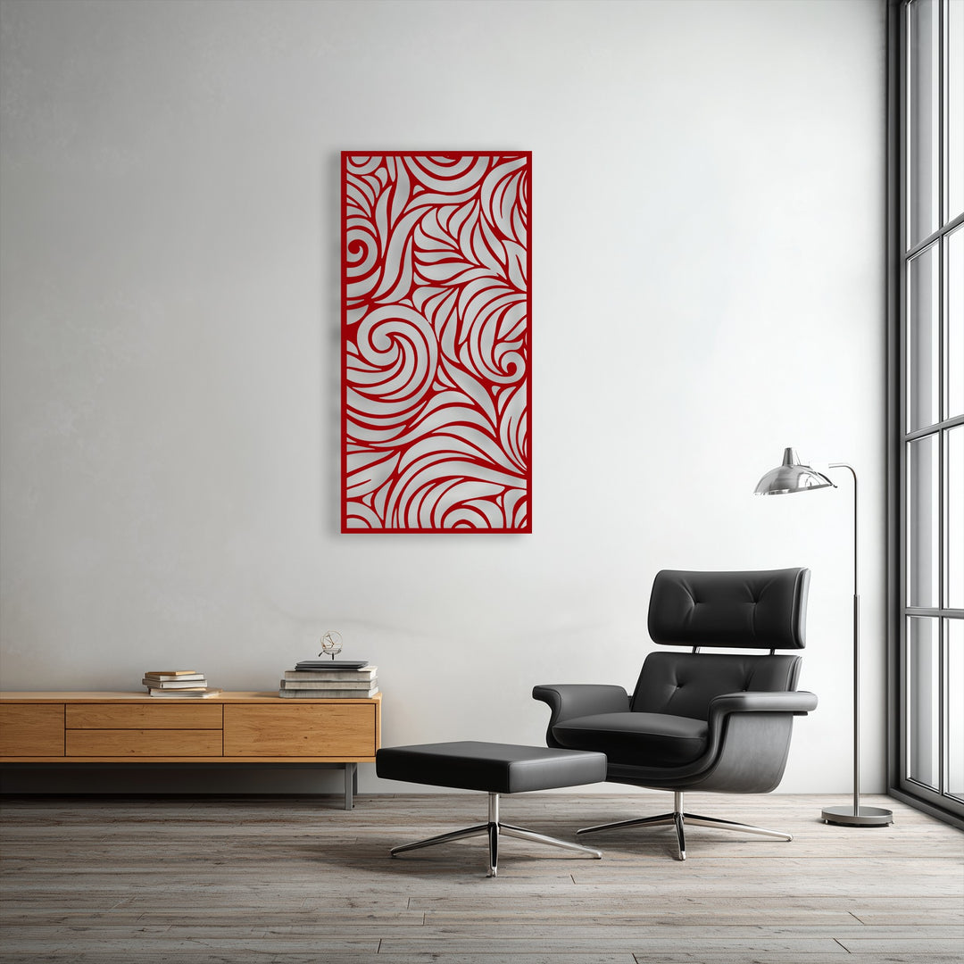 The crisp red hues of the ornamental flow metal art for wall transition distinctly against the subtle white-grey wall, highlighting its abstract swirls.