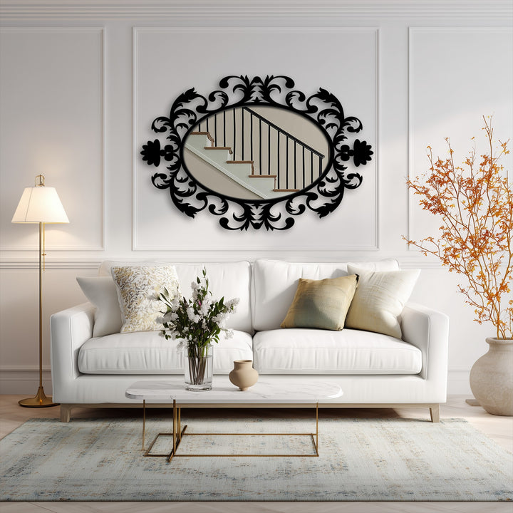 Showing the realistic detail of decorating with wall mirrors, this scrollwork oval mirror reflects a staircase from a luxuriously furnished interior.