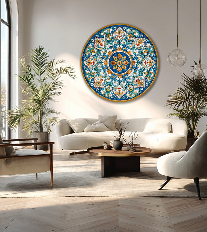 Focusing on the foreground detail, the patterned wooden floor and neutral rug lead the eye toward the exquisite azure baroque harmony ornamental mandala round oil painting home decor.