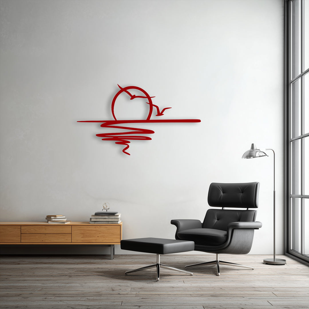 The vivid red of the minimalist sunset and birds unique metal wall art creates a striking color contrast against the stark white wall.