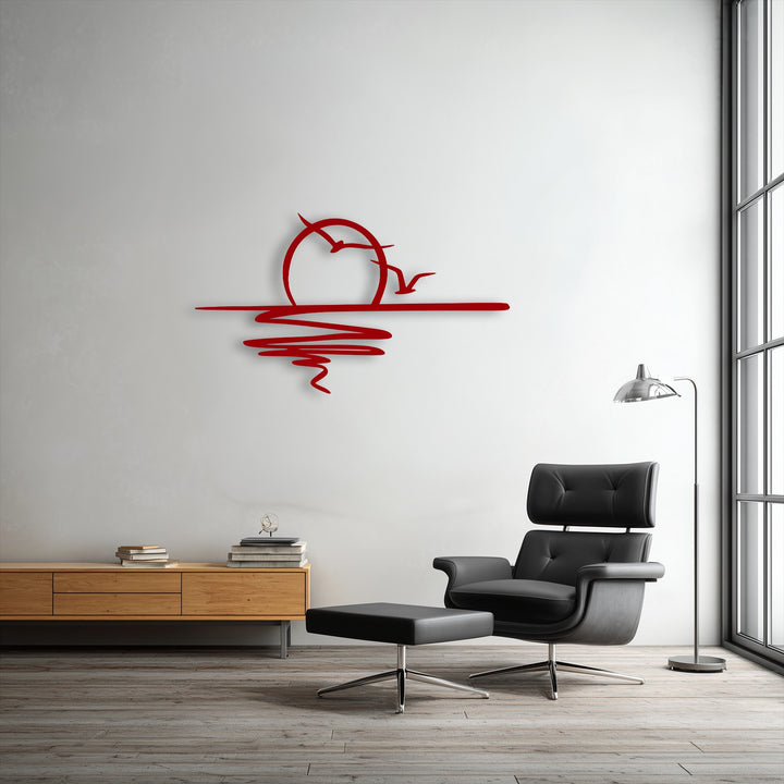 The vivid red of the minimalist sunset and birds unique metal wall art creates a striking color contrast against the stark white wall.