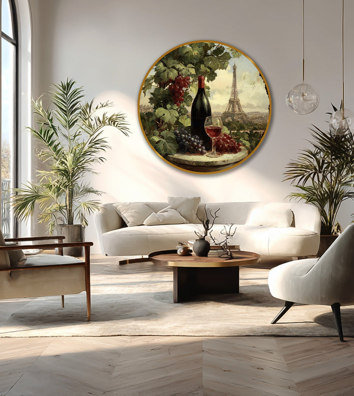 Intense color saturation enhances the round oil painting wall art of a Paris vineyard still life featuring a wine bottle and Eiffel Tower backdrop.