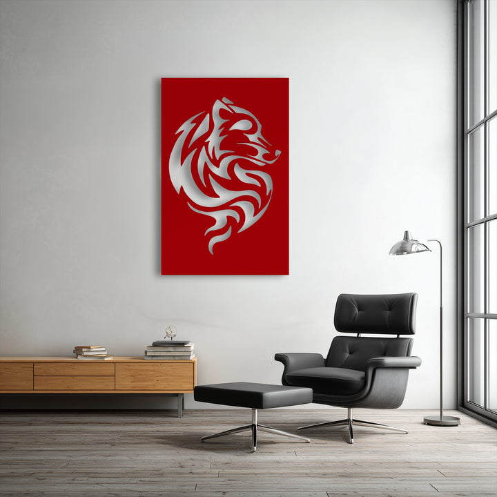 The sharp, rectangular borders of the vivid red Tribal Wolf Swirl Metal Wall Art perfectly frame this captivating decoration wall art.