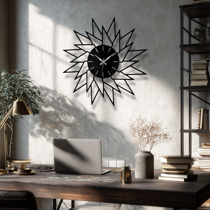 The stillness of the moment accentuates the modern geometric design of this abstract starburst metal art for wall clock, creating a peaceful atmosphere.