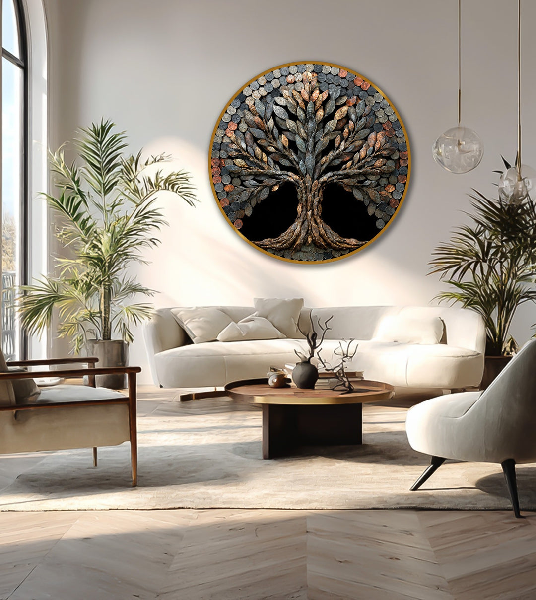 Highlighting the gold border of the round, rustic tree coin art, this oil painting home decor piece offers a distinct edge to modern interiors.