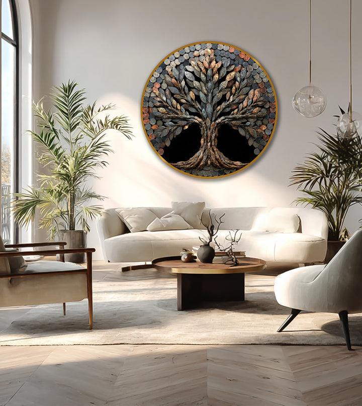 Highlighting the gold border of the round, rustic tree coin art, this oil painting home decor piece offers a distinct edge to modern interiors.