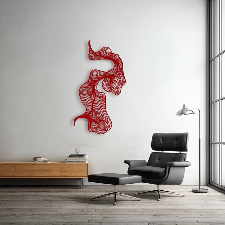 The sleek, matte finish of this red abstract flowing lines metal art for wall adds modern minimalist decor to the white room.