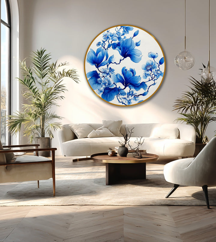 Dramatic color contrast highlights blue magnolia blossoms in this modern oil painting art, an elegant round piece that brings botanical beauty to any room.
