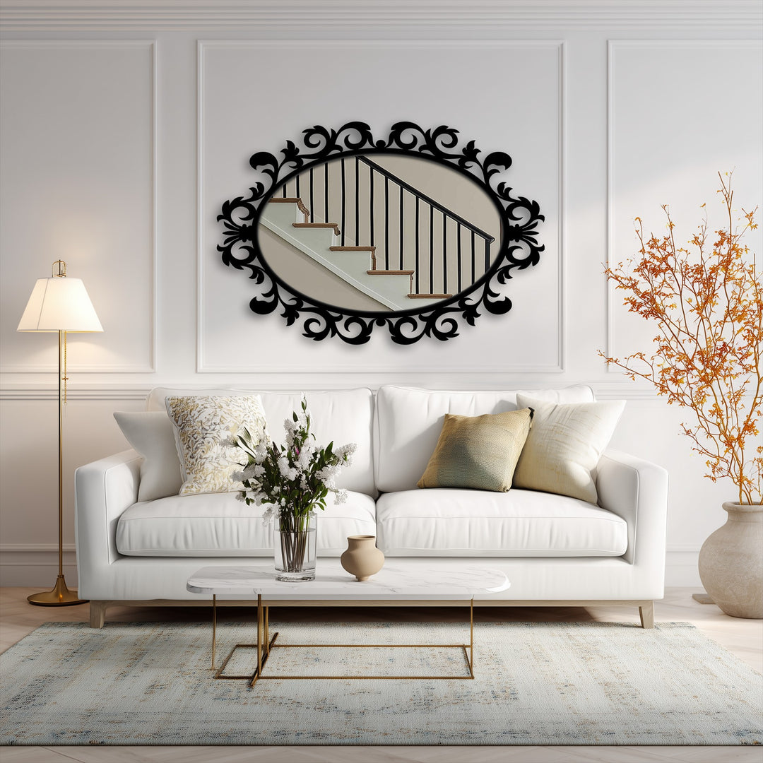 Smooth texture accentuates the bathroom mirror's scroll leaf frame, adding depth to the ornate decoration wall art.