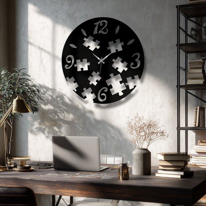 Abstract design of the puzzle pieces metal artwork forms a modern wall clock, highlighting its creative and unique time-telling function.