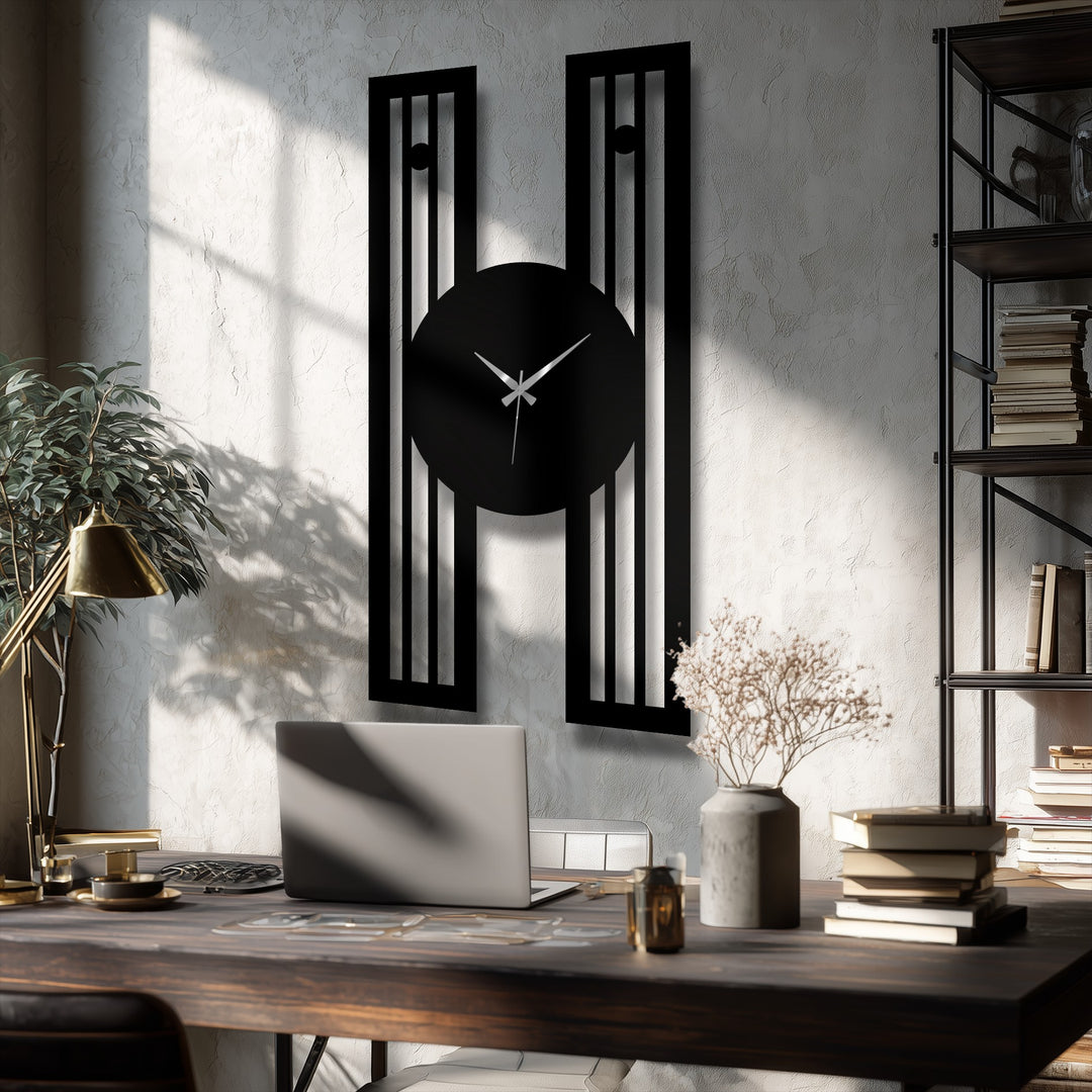 Timelessness and stillness define this modern metal artwork clock, a vertical piece with a geometric frame, offering a moment of quiet contemplation.