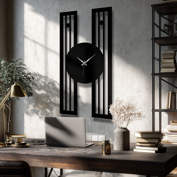 Timelessness and stillness define this modern metal artwork clock, a vertical piece with a geometric frame, offering a moment of quiet contemplation.