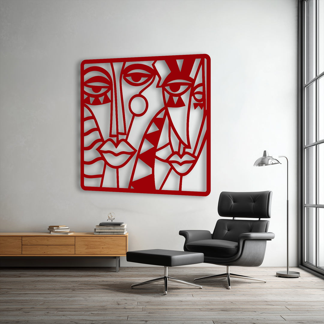 Striking color saturation highlights the bold red hues of this abstract faces modern cubist metal decoration wall art.