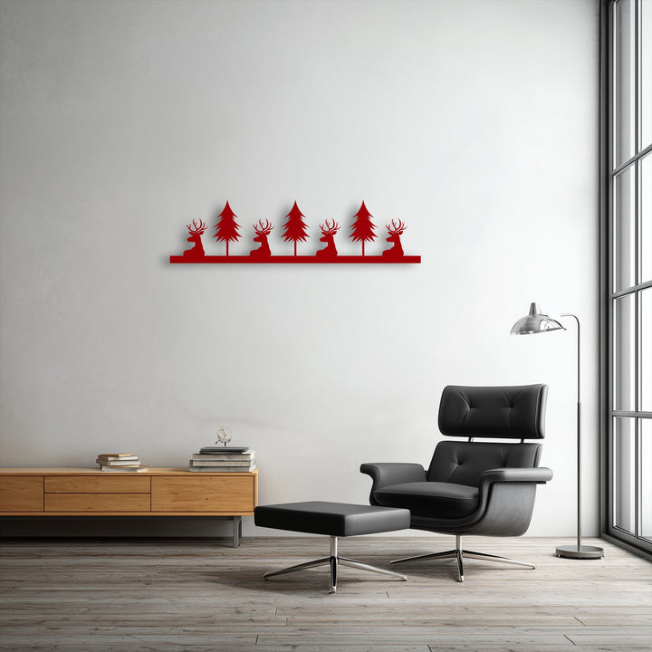Horizontal silhouette metal artwork showcasing deer and pine trees, creating a rustic nature panorama.