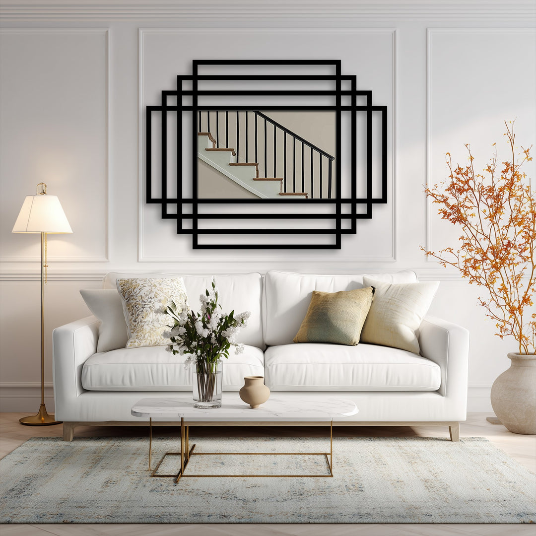 Negative space accentuates the symmetry grid metal floor mirror's design, creating a striking contrast within the modern layered frame of this metal wall decor.