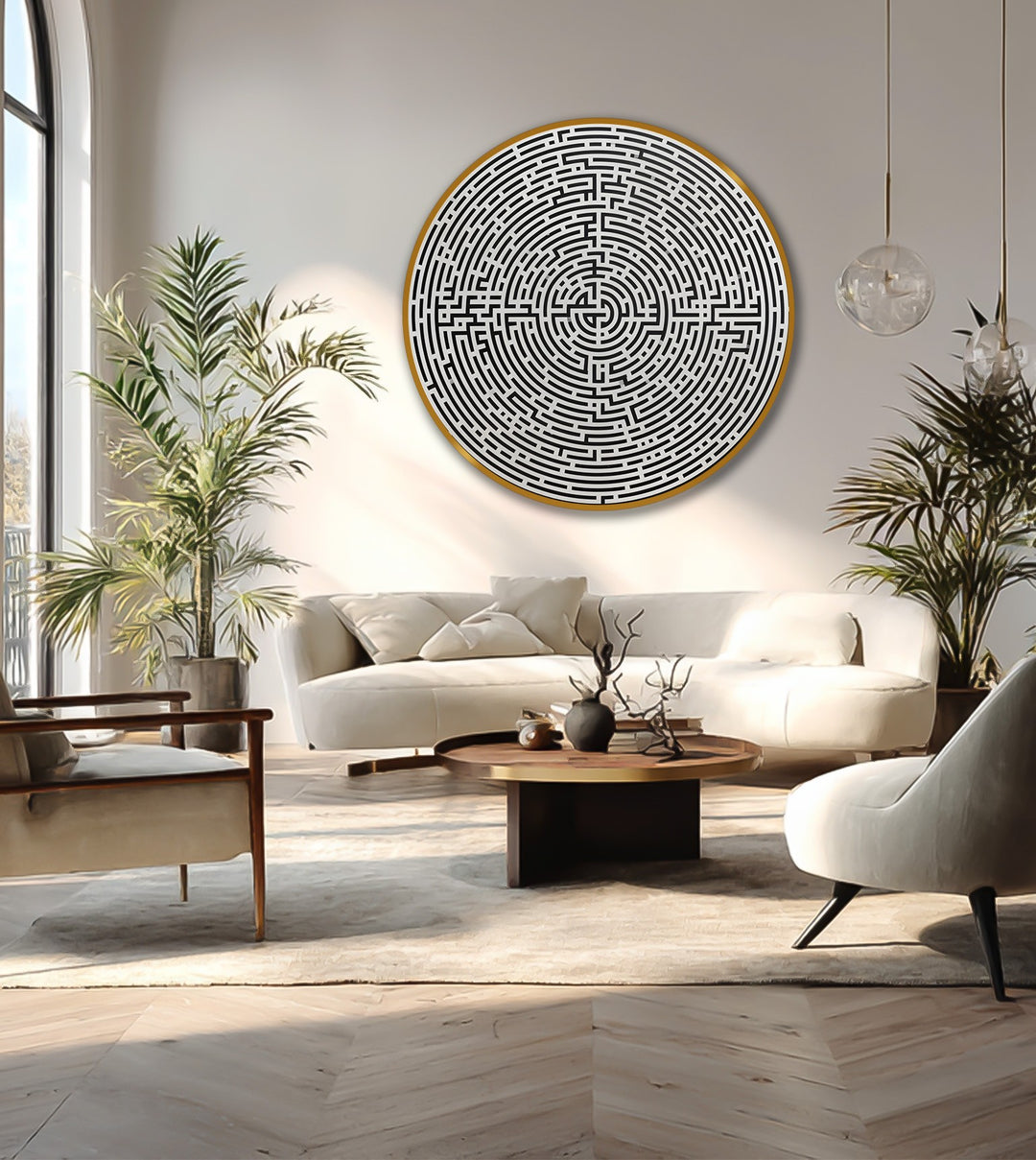 Foreground details capture the herringbone floor pattern and the texture of the cream rug enhancing the minimalist aesthetic around the modern oil painting art piece.