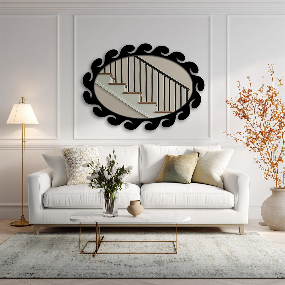 Highlighting the organic forms of the black wave frame, this stained glass wall mirror offers a fluid, sculpted design for modern spaces.