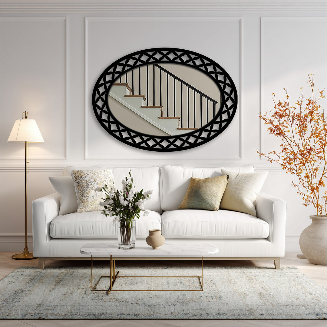 Highlighting the layering effect, a geometric petal framed oval floor mirror creates depth while decorating with wall mirrors to add a unique focal point to the stylish room.