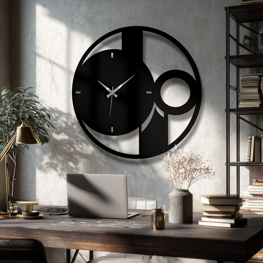 Black finish on the abstract minimal circle decoration wall art clock enhances its modern style against a textured wall.