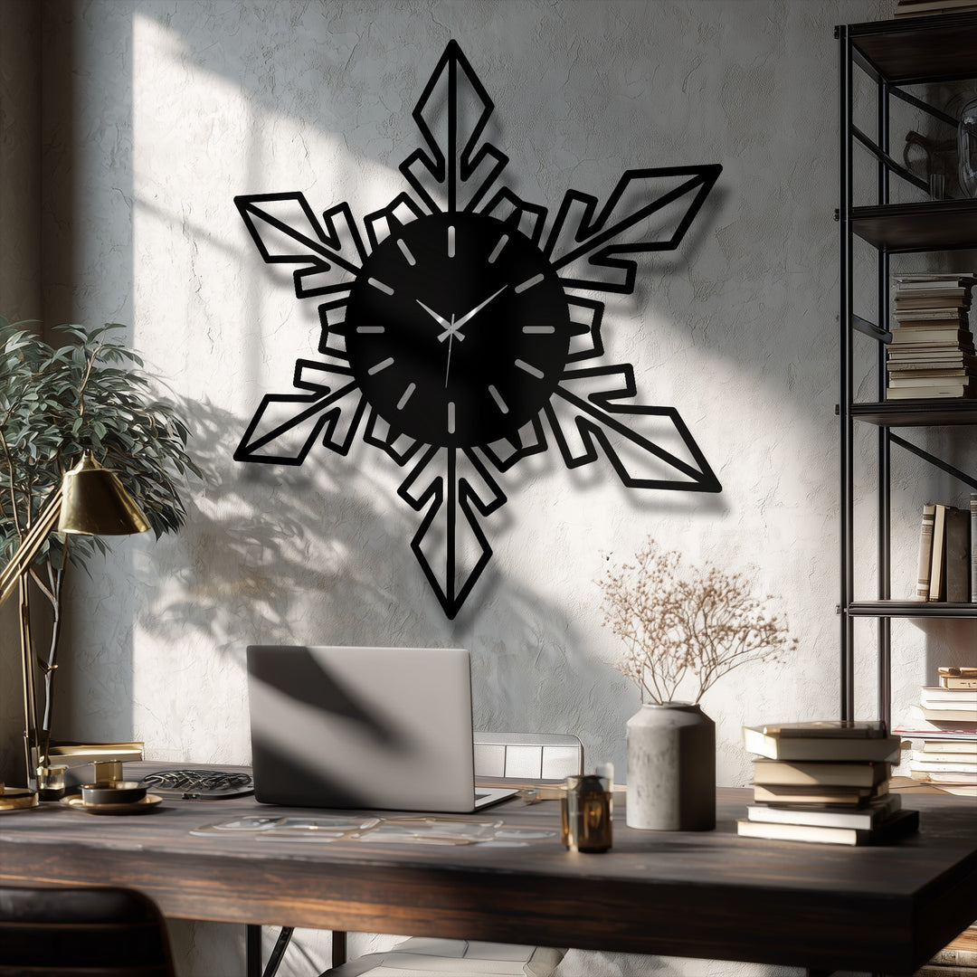 Shadows softly dapple the wall around the snowflake geometric unique metal wall art clock, adding depth to the modern winter design.