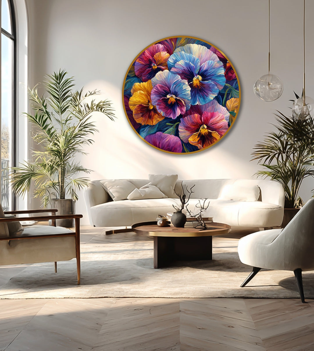 Bold vibrant pansy bloom round oil painting, the loudest element in the room, elevates your oil painting home decor with its colorful floral charm and artistic flair.