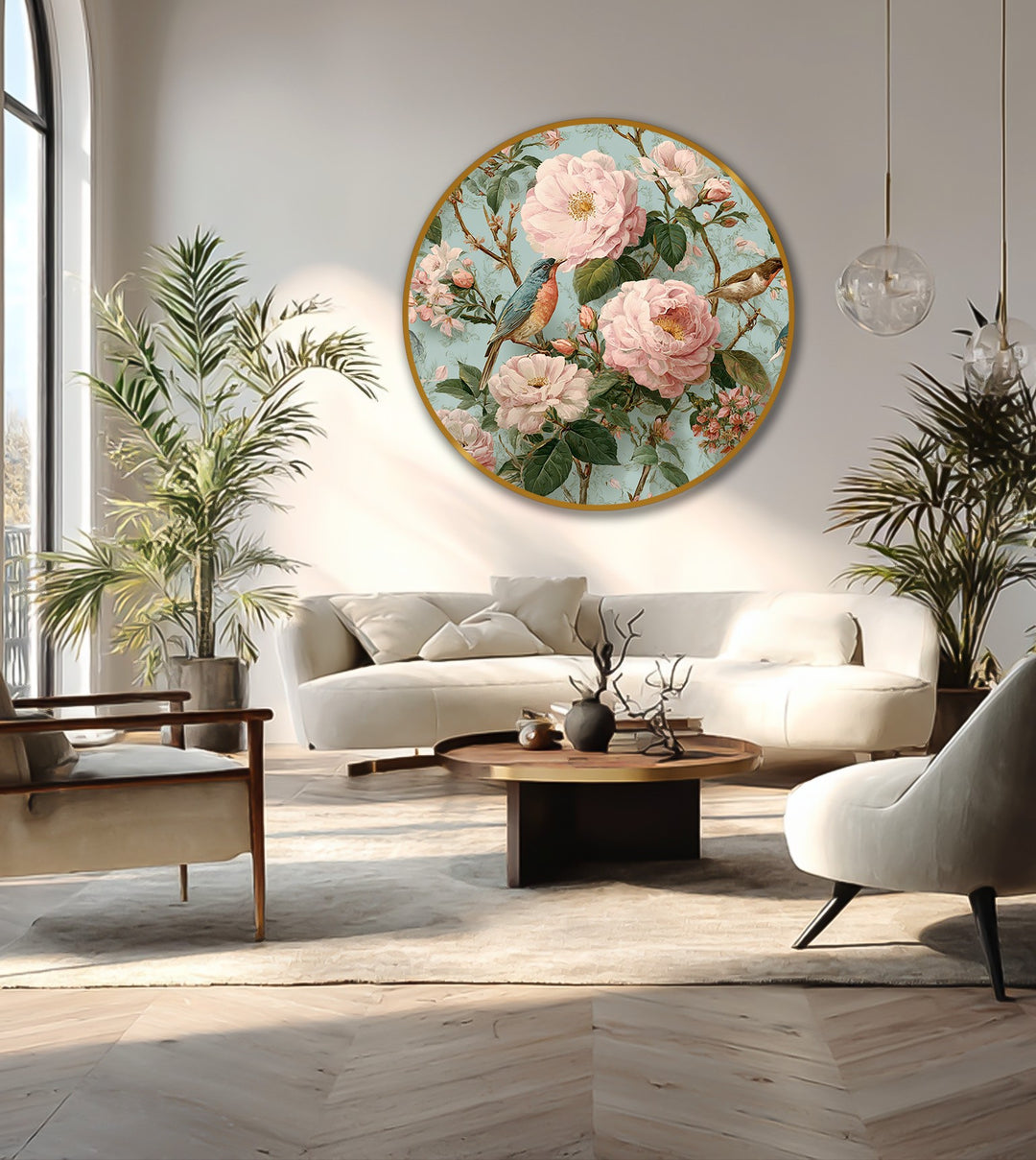 Round orientation of the Blossoming Garden with Songbirds depicts a floral blossom scene as an oil painting art piece in a vintage-inspired style.