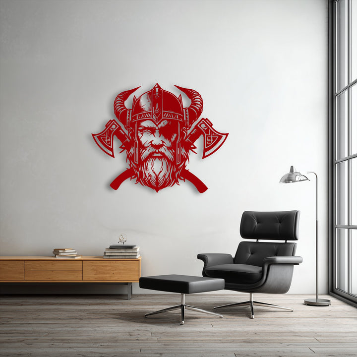 Vibrant crimson metal art for wall featuring an intricate Viking warrior with a horned helmet and crossed axes.