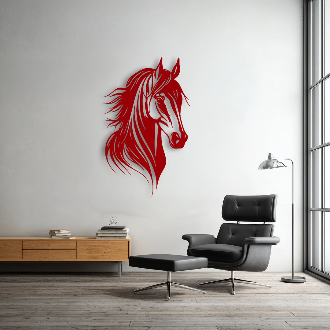 Vibrant red dominates this elegant modern living space, highlighted by graceful horse head metal wall decor on a crisp white wall.