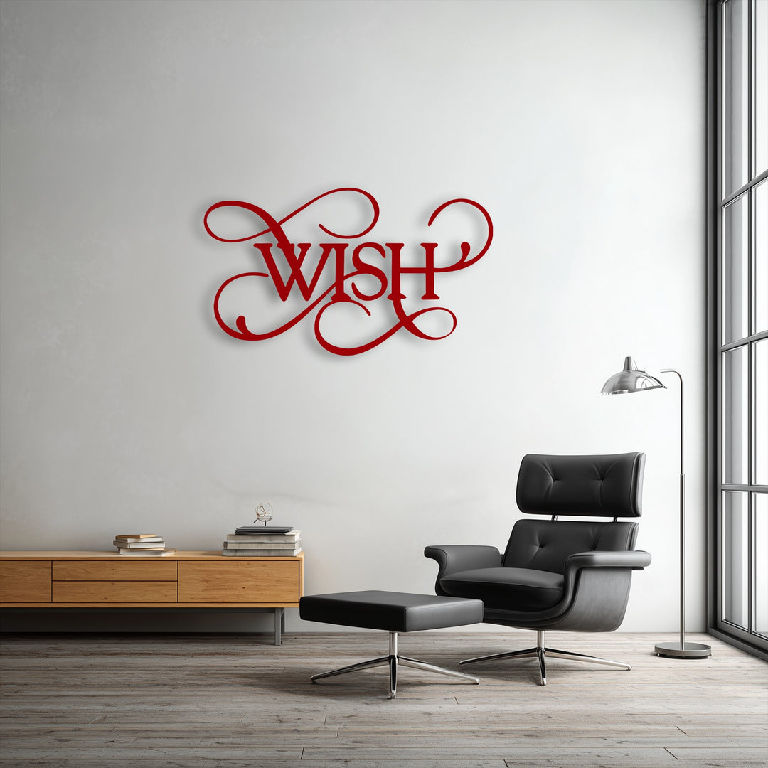 A clean white room features a vibrant red Wish metal art for wall displaying elegant script typography.