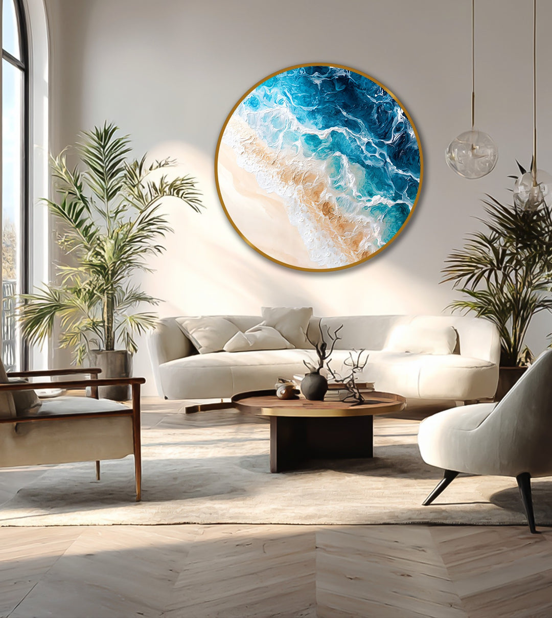 Coastal serenity turquoise ocean wave round oil painting art piece features a stunning beach scene in vibrant blues and tans.