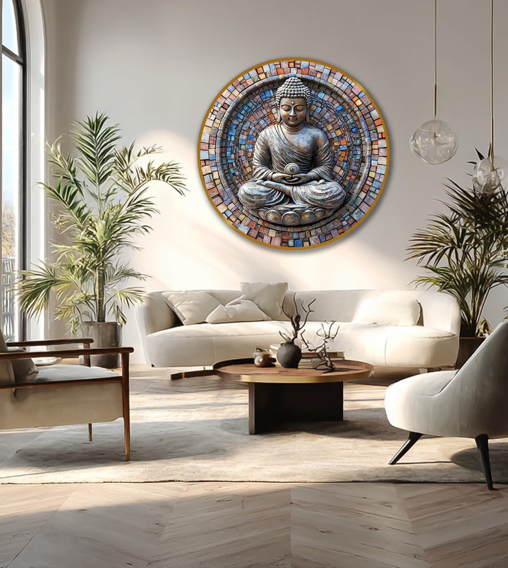 Deep layers create a stunning three-dimensional effect in this round Buddha mosaic oil painting, bringing spiritual depth to the oil painting art prints.