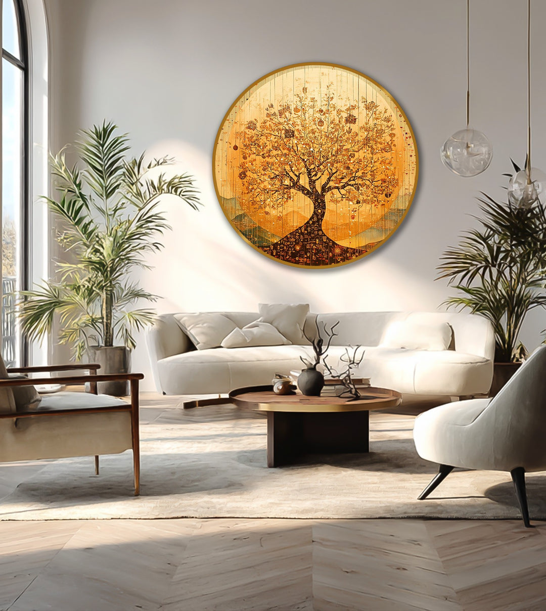 Focal point showing a radiant, golden tree of life in this round oil painting wall art that enhances the room's warmth.
